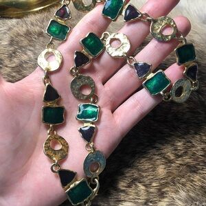 Vintage gold toned green and dark red/brown enamel necklace